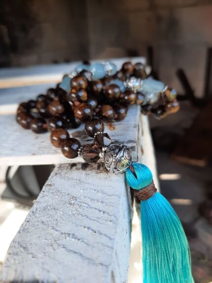 japamala acquamarina bronzite quarzo fumè fiore di loto argento