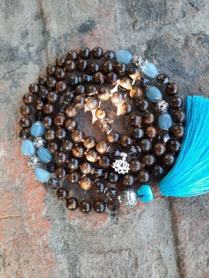 japamala acquamarina bronzite quarzo fumè fiore di loto argento