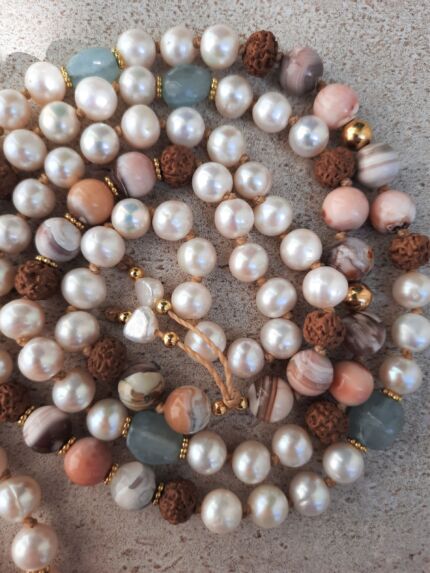 japamala botswana perle acquamarina rudraksha fiore della vita oro