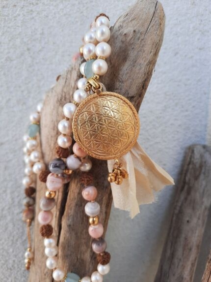 japamala botswana perle acquamarina rudraksha fiore della vita oro
