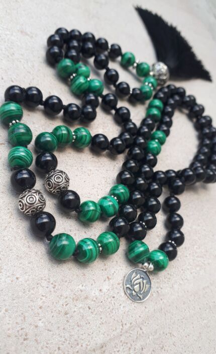 japamala malachite tormalina fiore di loto argento